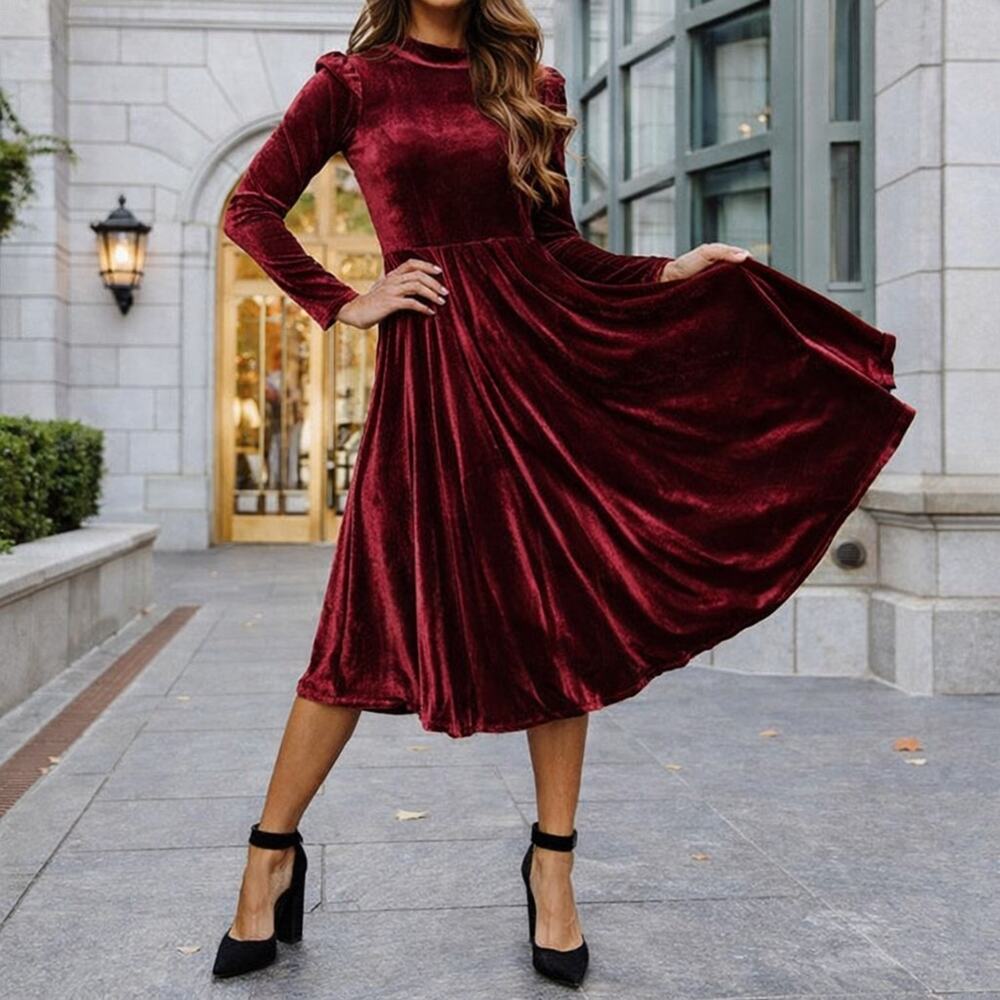 Ivy City La La Lady Long Sleeve Deep Burgandy Velvet Midi Dress Size L $118 MSRP